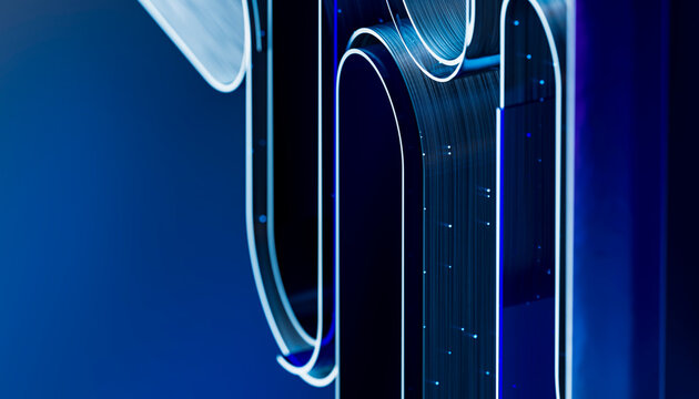 3D neon loop architecture with vertical curves and blue glow.