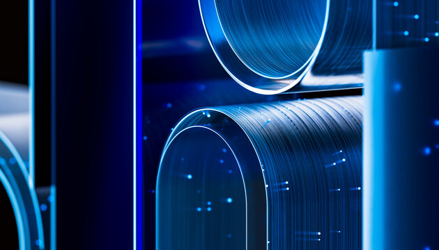 3D fiber tunnel structure with curved light and data points.