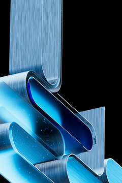 3D vertical fiber cascade with luminous curves and blue flow.