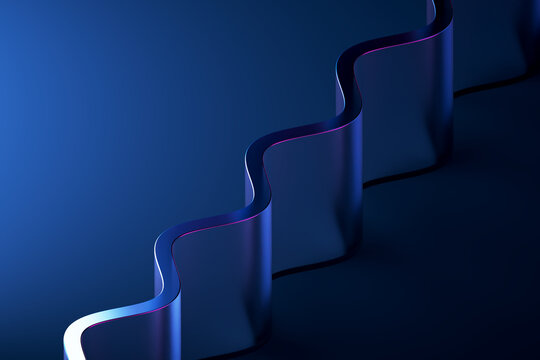 3D neon ribbon glass wave with dark blue geometric depth.
