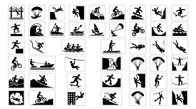 Extreme Sports Silhouette Vector Icon Set, Recreation and Fitness Black Symbols