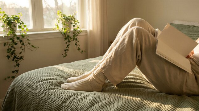 Person in linen pants and socks reading book on bed