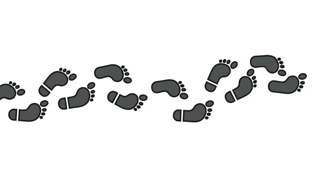 Row of dark grey bare human footprints walking in a wavy sequence representing a path isolated on a white background.