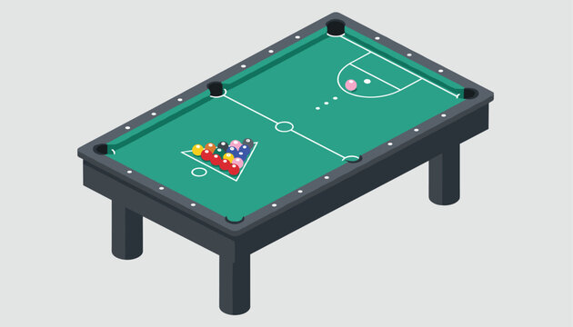 Classic green billiard pool table set up with multiple colorful balls arranged in a triangle rack and cue ball.