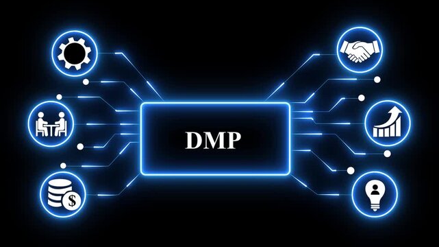 DMP (Data Management Platform) concept. Software used for collecting and managing data.blue neon digital technology background.4k technology animation,motion video.