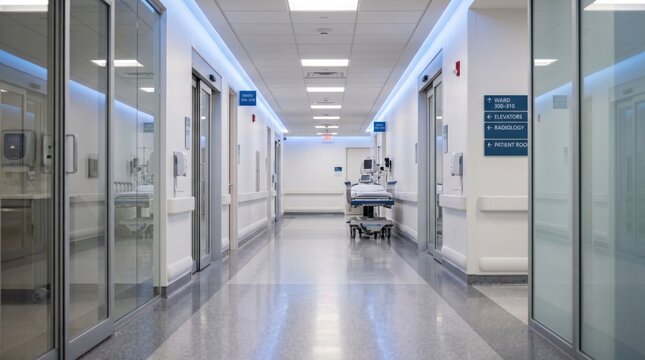 Empty modern hospital corridor with glass doors to patient rooms and gurney in distance, clean sterile medical facility hallway interior design for healthcare architecture