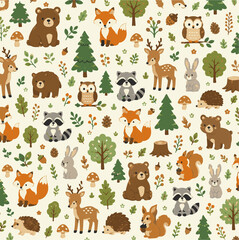Obraz premium pattern seamless forest animals for baby, kids, template, layout, wallpaper, background