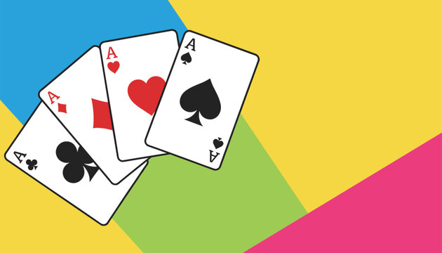 Four ace playing cards fanned out on a vibrant colorful geometric background with blue, yellow, green, and pink colors.
