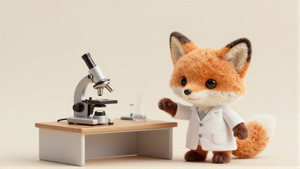 Fototapeta premium A cute fox in a lab coat stands beside a microscope and beakers.