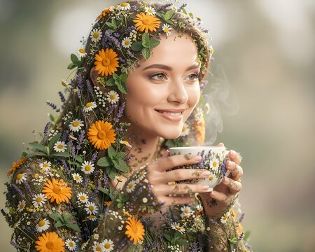 Benessere, salute fisica e mentale: dieta vegetariana: giovane donna che assapora una tisana con erbe officinali  fiori e naturali