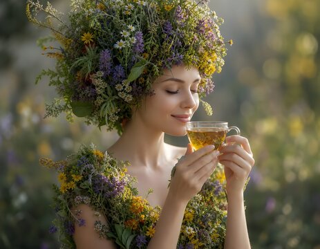 Benessere, salute fisica e mentale: dieta vegetariana: giovane donna che assapora una tisana con erbe officinali  fiori e naturali