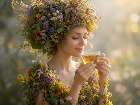Benessere, salute fisica e mentale: dieta vegetariana: giovane donna che assapora una tisana con erbe officinali  fiori e naturali