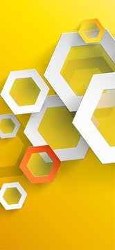 Abstract yellow geometric hexagon shapes floating on bright background with abstract 3D hexagonal frames white orange floating against vibrant yellow background