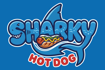 Naklejka premium Playful shark mascot logo design featuring a cartoon hot dog sandwich for a fun fast food restaurant brand identity and eatery signage