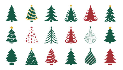 Obraz premium Christmas tree silhouettes in green and red colors displayed in a grid layout on a clean white background for winter.