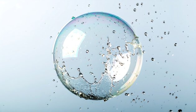 Large soap bubble popping with water splash droplets outdoors under sky, ideal for high-speed science photography and dynamic summer concepts