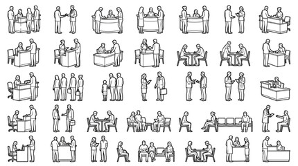 Fototapeta premium Reception Desk Office Customer Service Vector Line Drawing CAD Blocks Set 