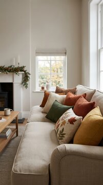 Autumn colored cushions arranged on a cozy sofa, seasonal home decor, comfortable living room styling and relaxing fall lifestyle.