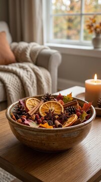 Autumn potpourri bowl with dried orange, pinecones and seasonal botanicals, natural home fragrance, cozy decor and fall ambiance.