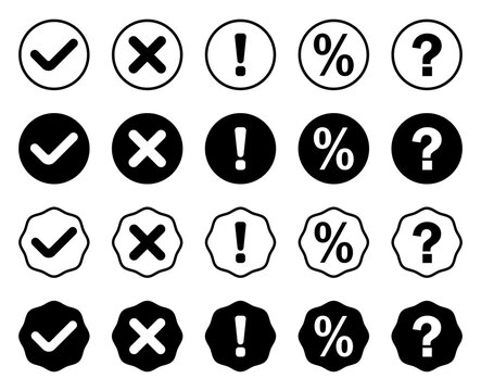 Validation status icon set. Validation, approval, rejection, warning and verification symbols with check mark, cross, percentage and question mark in outline, filled and badge styles for UI, web