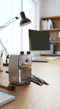 Electric pencil sharpener on a study desk for schoolwork, office writing, creative projects and organized stationery use.