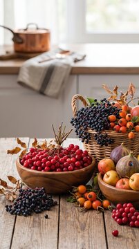 Fresh autumn fruits arranged on a kitchen table for healthy seasonal eating, family meal preparation, harvest recipes and home cooking.