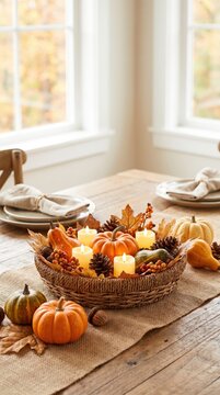 Autumn table centerpiece with pumpkins and candles for Thanksgiving dining, seasonal family gatherings and cozy home decoration.
