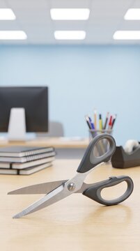 Office scissors on a clean desk for paperwork, document preparation, stationery organization and professional office work.