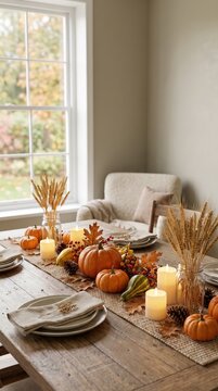 Autumn table centerpiece with pumpkins and candles for Thanksgiving dining, seasonal family gatherings and cozy home decoration.