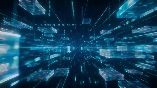 Digital data stream flowing through abstract blue cyberspace cubes in this fast motion animation video footage
