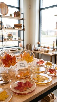 Pressed autumn leaves preserved in clear resin coasters for seasonal crafts, handmade gifts and fall home decoration.