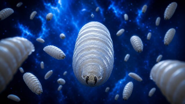 A surreal depiction of three-dimensional larvae floating in a cosmic space, highlighting intricate details against a vibrant backdrop.
