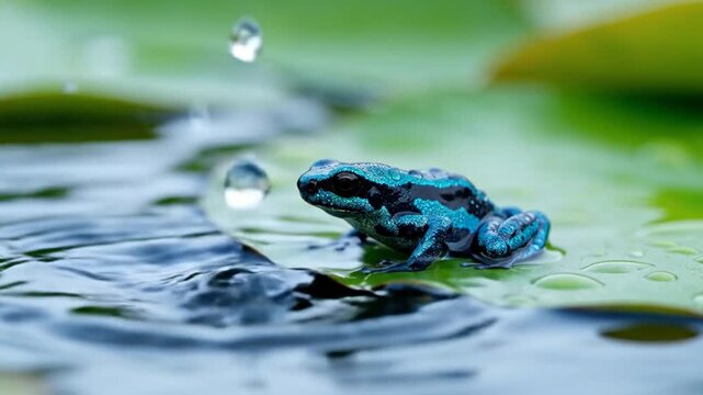 Tiny blue and green frog resting on a wet lily pad in the rain