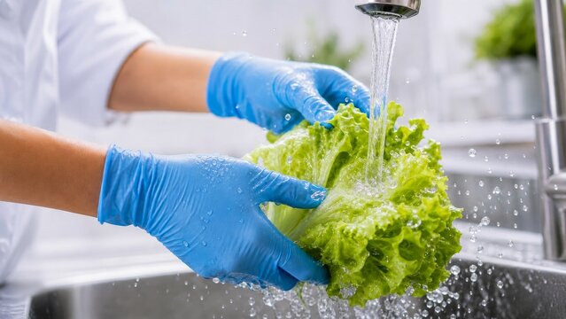 A person in blue gloves washes fresh lettuce under running water in a kitchen sink, highlighting food preparation and hygiene.