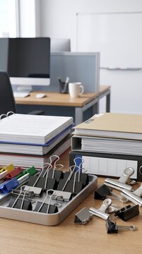 Organized office files with stationery and paperwork on a professional desk for administration, document management and business workflow.