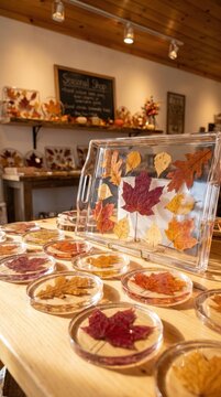 Pressed autumn leaves preserved in clear resin coasters for seasonal crafts, handmade gifts and fall home decoration.