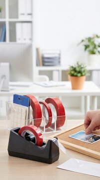 Transparent tape dispenser and office accessories on a clean workspace for document preparation, stationery organization and business productivity.