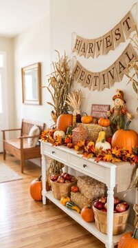 Autumn entry table decorated with pumpkins, wreath and seasonal harvest accents creating a warm welcoming home entrance.