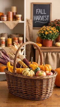 Basket of miniature pumpkins on a rustic table for autumn decorating, Thanksgiving centerpiece, harvest celebration and cozy home styling.