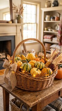 Basket of miniature pumpkins on a rustic table for autumn decorating, Thanksgiving centerpiece, harvest celebration and cozy home styling.