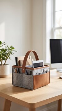 Portable office organizer bag holding stationery and mobile devices, efficient remote work setup, business travel and workspace organization.