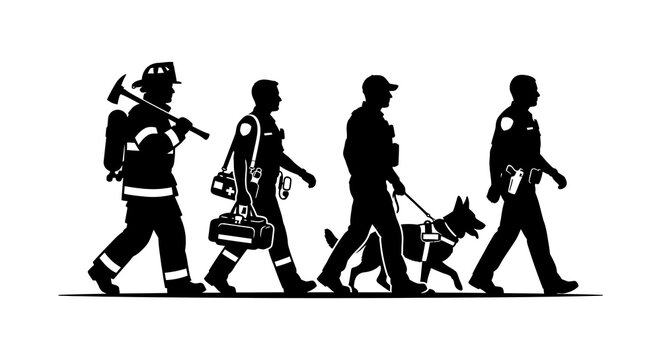 Emergency Responders Walking Forward Black Silhouette services first
