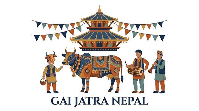 Gai Jatra festival illustration featuring a decorated cow, traditional musicians, and a historic pagoda temple in Nepal