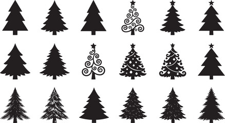 Fototapeta premium Collection of black silhouette christmas tree icons featuring various decorative styles and shapes for holiday graphic design projects