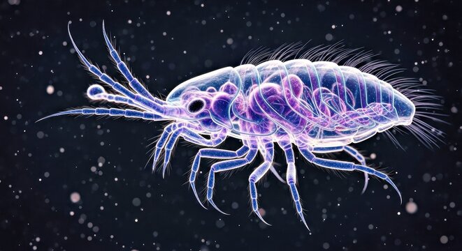 Illustrated Microscopic Crustacean Larva With Translucent Body and Appendages on Dark Space Background