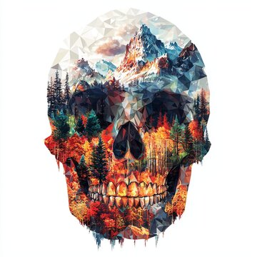 Abstract Skull with Mountain Landscape and Colorful Forest