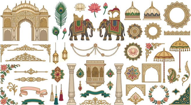 Traditional Rajasthani festive celebration vector graphic collection with mughal arch window jharokha luxury frames lotus flowers lanterns and ornate filigree dividers,
