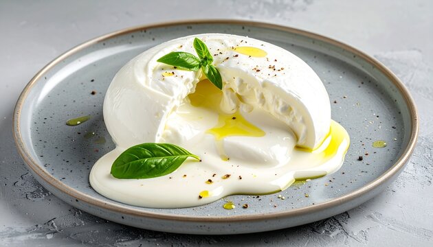 A creamy burrata cheese ball cut open to reveal its rich stracciatella filling, drizzled with olive oil and garnished with fresh basil leaves on a modern grey ceramic plate