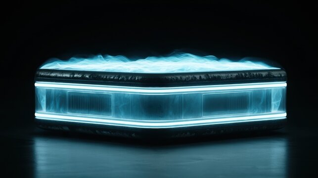A device appears in a dark space, illuminated by waves of light during a firmware update. The transition shifts from dark to bright.