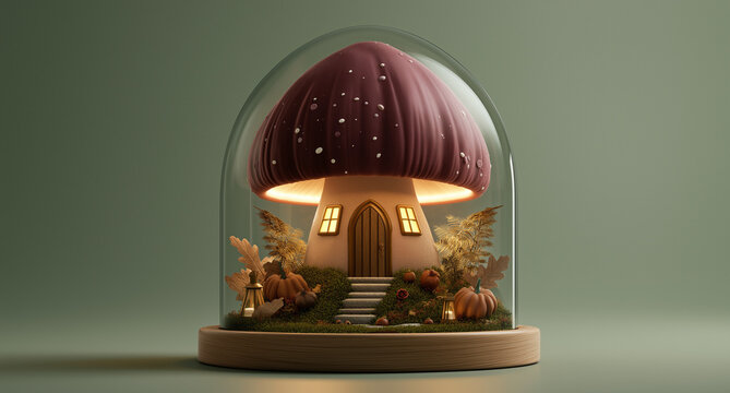 Illuminated mushroom house inside a glass dome with autumn decor